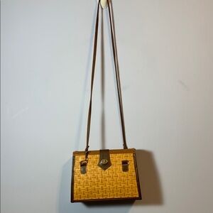 Vintage woven wicker basket purse Tan Brown Cottage Bag leather trim turn lock